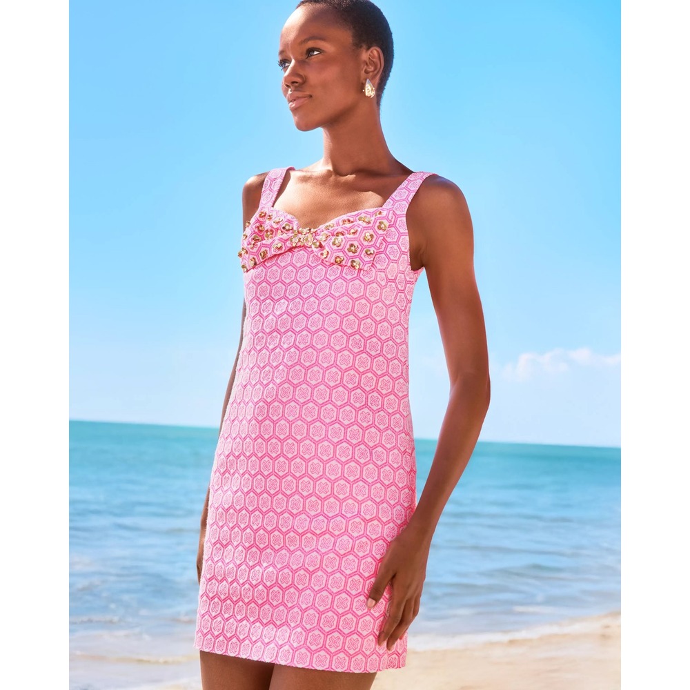 Lilly Pulitzer Bria Skirted Romper Rousseau Pink Jacquard Bow Sequin Dress NWT 8
